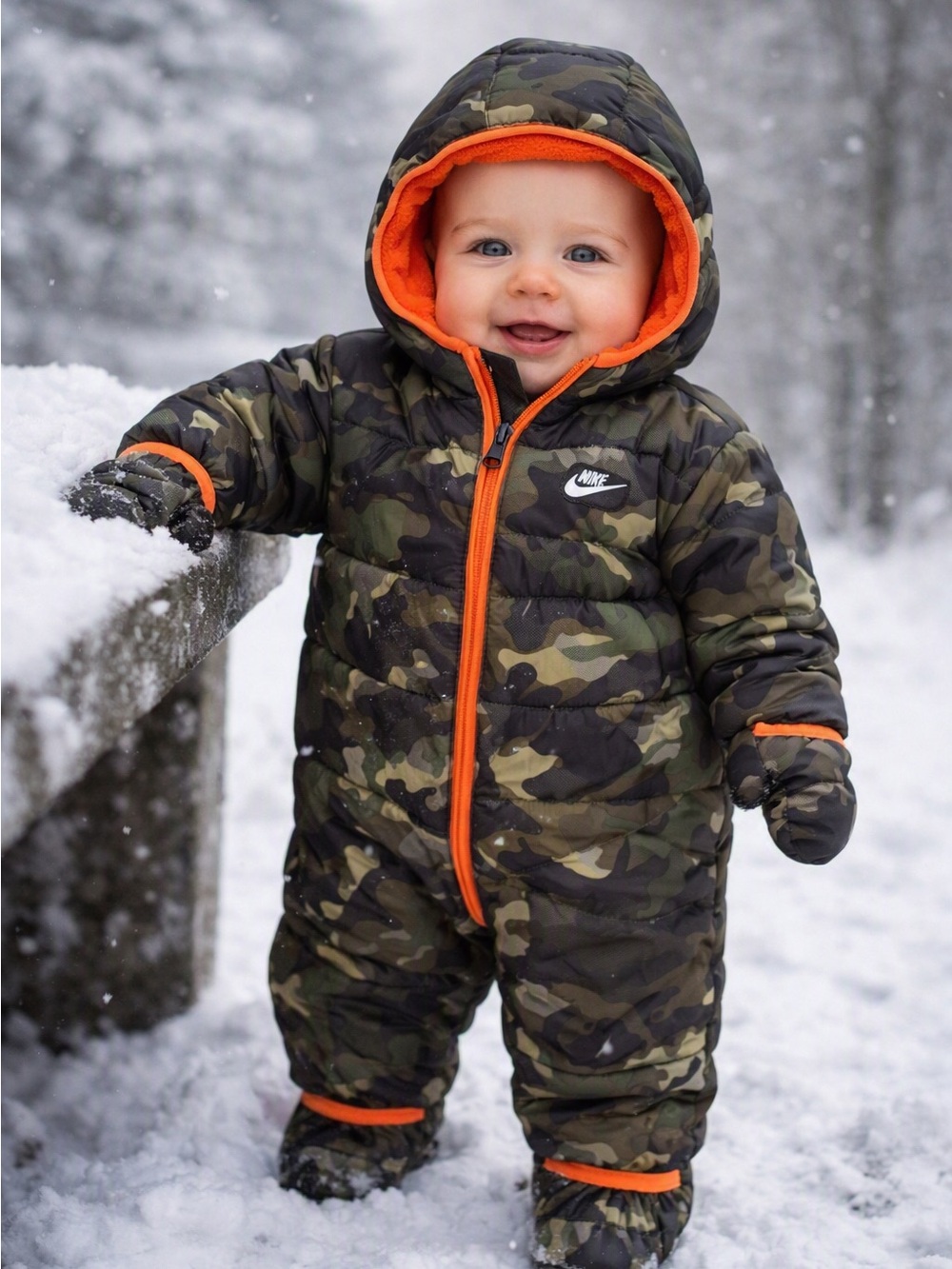 Nike Kids' Camouflage Puffer One-Piece with Bright Orange Trim